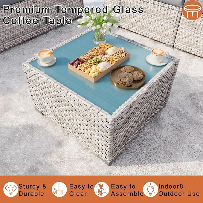 7-Piece Outdoor Patio Furniture Set, Rattan Wicker Conversation Set with Wide Armrests, Outdoor Modular Sectional Couch Seating Group Sofa with Fire Pit for Deck Garden Porch (Gray Cushions)