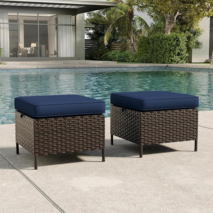 2 Pieces Patio All-Weather Wicker Ottomans with Cushions, PE Rattan Outdoor Conversation Furniture Set for Backyard, Deck, Lawn (Navy Blue)