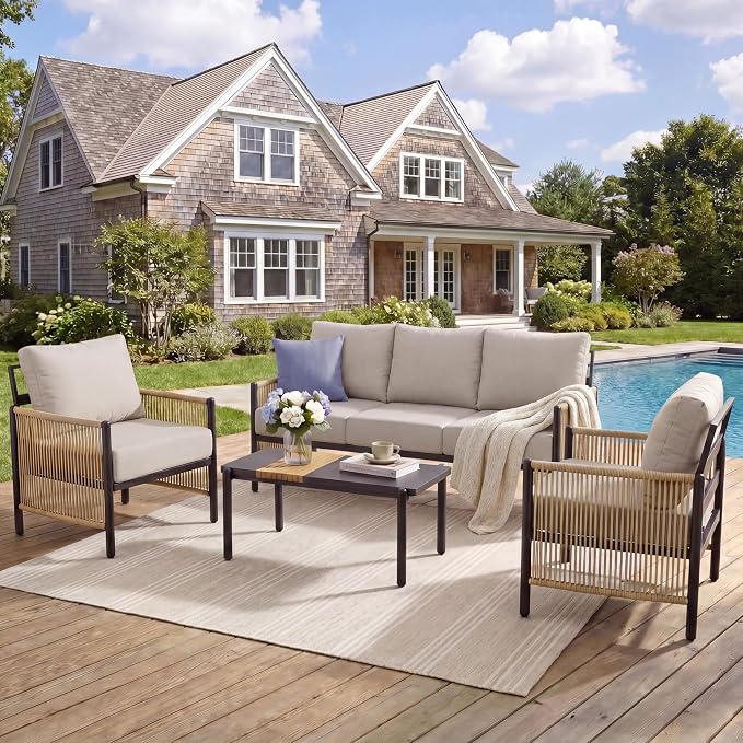 Aluminum Patio Furniture Set, 5 Seats Outdoor Patio Furniture with Coffee Table, Outdoor Wicker Conversation Sets with Cushion for Backyard, Balcony,Porch,Light Grey