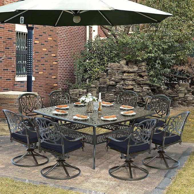9-Piece Patio Cast Aluminum Dining Set, Outdoor Dining Furniture Set for 8 Person, Includes 64" Square Table and 8 Swivel Rocker Chairs with Umbrella Hole for Patio Deck Garden, Navy Blue