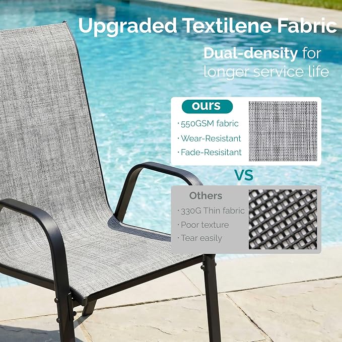 MAMIZO 7 Pieces Patio Dining Set for 6, Outdoor Table and Chairs w/Rectangle Glass Table and 6 Textilene Stackable Chairs, Patio Furniture Set w/1.69" Umbrella Hole (Black Table & Grey Chair)
