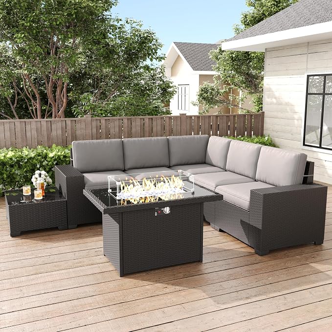 LayinSun 7 Pieces Patio Furniture Set with Fire Pit Table, Black Rattan Modular Sectional Patio Conversation Sofa Set