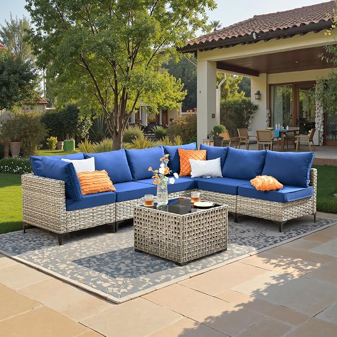 7 Piece Outdoor Patio Furniture with Glowing Coffee Table, Rattan Wicker Conversation Set with Sofa, Sectional Single Chairs for Outside Porch Balcony Backyard Pool,Blue