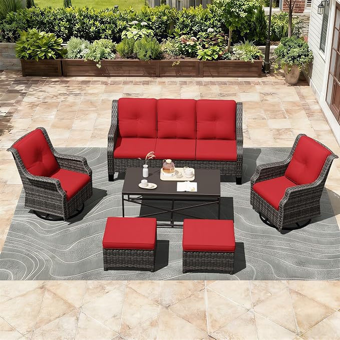Outdoor Patio Furniture Set, 6 Piece Wicker Patio Furniture with Thick Cushions, Curved Armrest, Deep Seating, Outdoor Swivel Rocker Chairs for Porch, Deck, Balcony