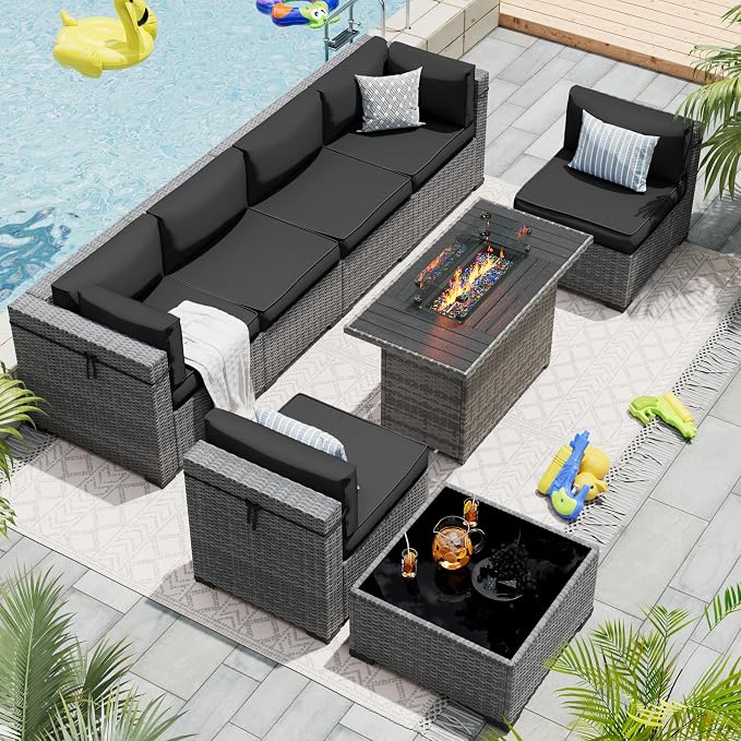 Patio Furniture Set with 44'' Propane Gas Firepit Table, 8 PCS Modular Outdoor Sectional Conversation Sets, All-Weather Wicker Patio Set for Backyard, Black (Waterproof Covers Included)