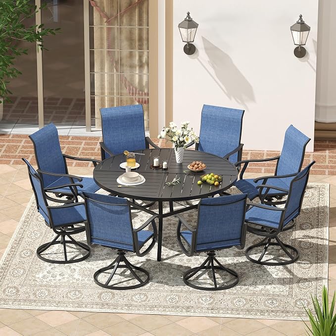 VICLLAX Patio 9 Pieces Outdoor Dining Set, 60" Round Metal Table with Umbrella Hole and 8 Swivel Textilene Chairs for Lawn, Garden, Porch, Black/Dark Blue