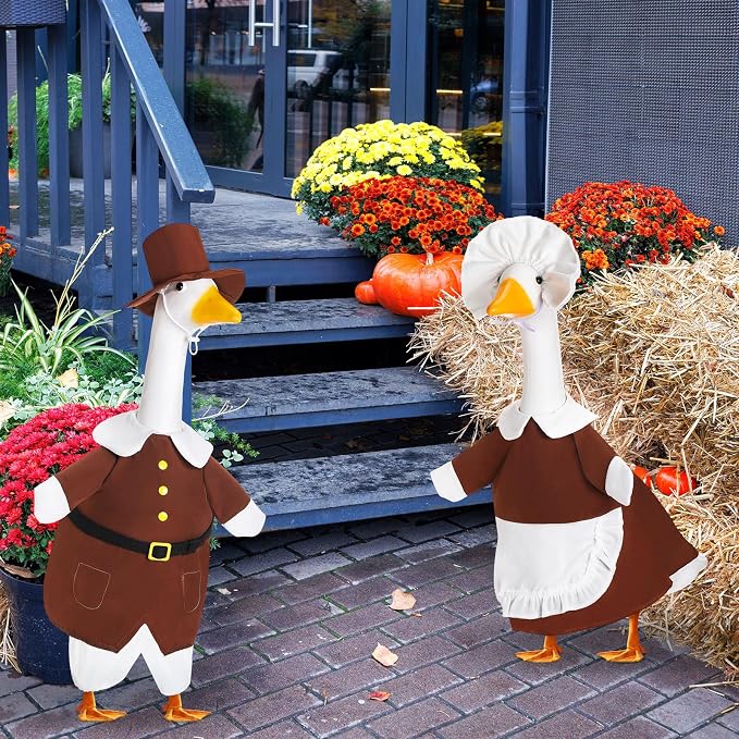 2 Set Thanksgiving Goose Outfit Pilgrim Couple Costume Autumn Lawn Porch Goose Cloths Plastic Goose Clothing Fall Thanksgiving Goose Outfit for 23" Goose Outdoor Patio Yard Lawn Art