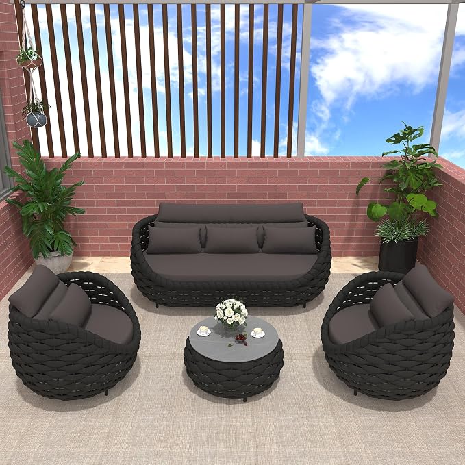 TWT Aluminum Modern Patio Set Three Seater Sofa Outdoor Furniture Set w/Coffee Table,Patio Conversation Set with Hand Woven Teslin Rope for Bedroom Backyard Poolside, Dark Grey