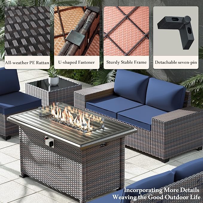 13 PCS Outdoor Patio Furniture Set,Outdoor Sectional Furniture with 43" 55000 BTU Gas Propane Fire Pit Table,All Weather PE Rattan Wicker Patio Conversation Set,Navy Blue