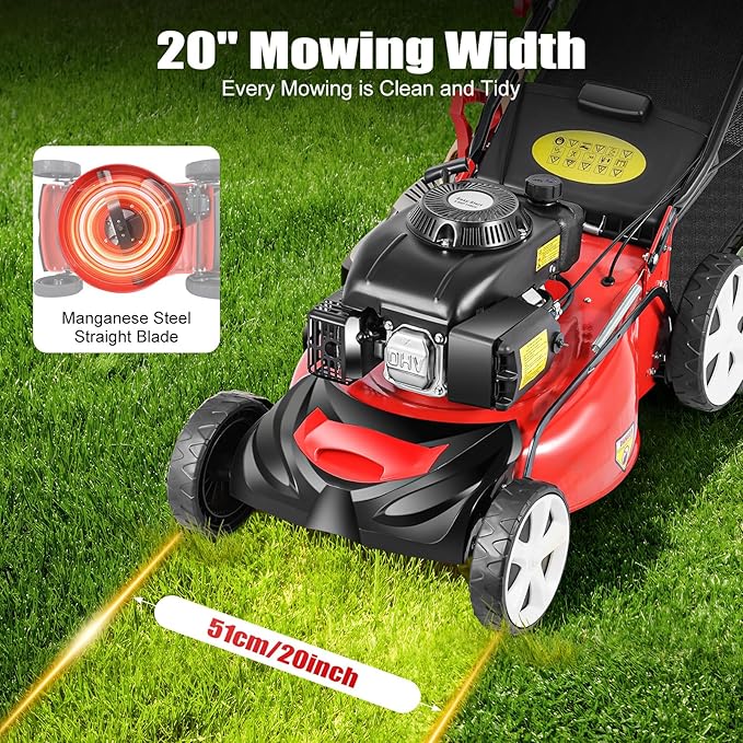 20 inch Self-propelled Gas Lawn Mower,140cc 4-Stroke 5HP Engine Gas Powered Lawn Mower Walk-Behind Handle，Used for Sports Venues, Community Greening, Municipal Greening