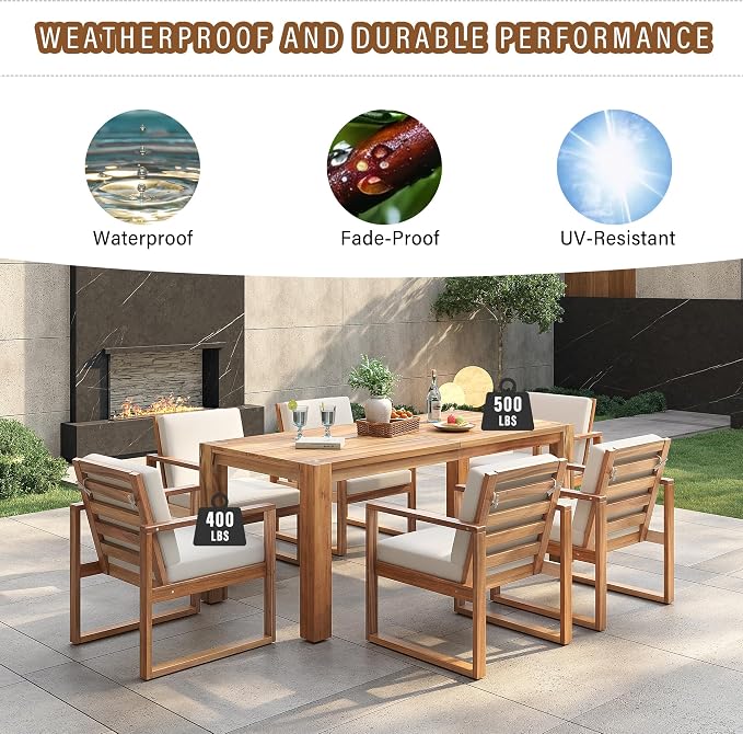 Rustic 7 Piece Patio Table and Chairs Set, Outdoor Dining Set for 6 with Umbrella Hole and Removable Cushion,for Garden Backyard Lawn Poolside (Light Teak#X)
