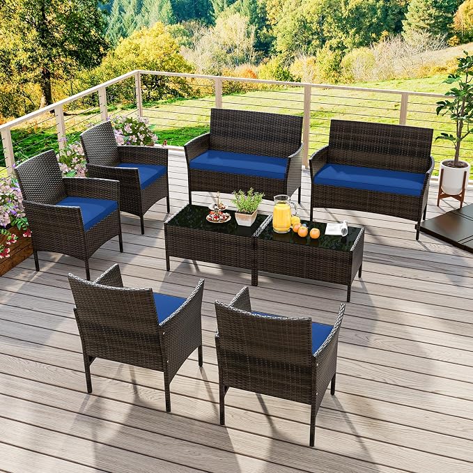 KOTEK 8 Piece Patio Furniture Set, Outdoor Rattan Conversation Set with Loveseat, Wicker Chairs, Tempered Glass Coffee Table, Wicker Patio Set for Backyard, Porch (Navy)