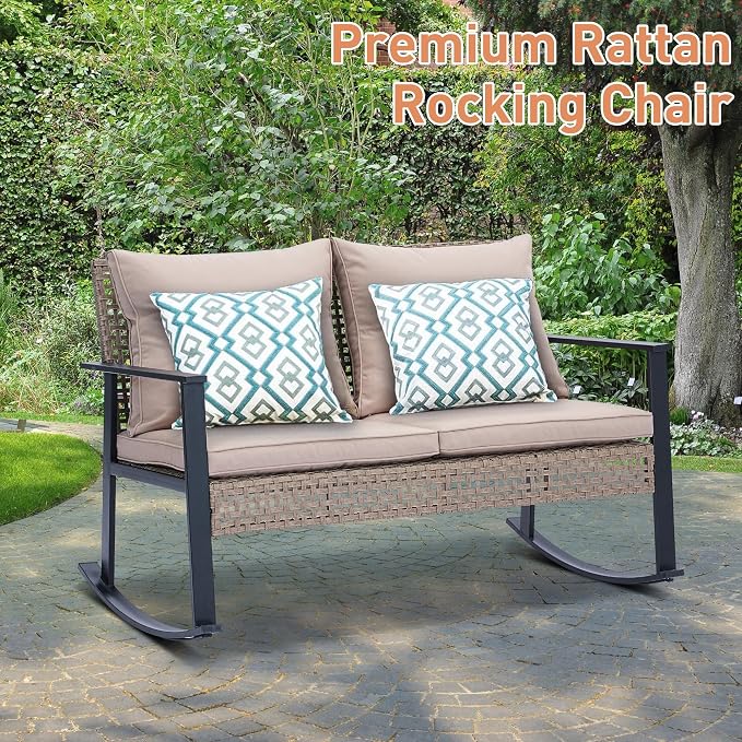 Ainfox Outdoor Wicker Loveseat Rocking Chair, Patio Rattan Rocker Chair with Cushions，All-Weather Modern Cozy Rocking Wicker Furniture for Garden Backyard Porch, Khaki