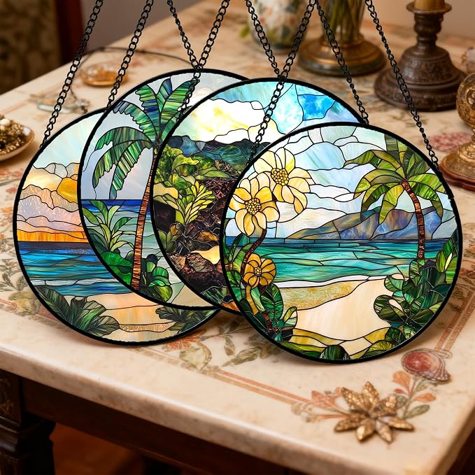 DASTOLL Stained Glass Window Hanging 4 Pcs Set Blue Ocean Coconut Tree Scenery Large 11.8" - Suncatcher Door Garden Sun Catcher Decor Birthday Christmas for Mom Woman Nana Men