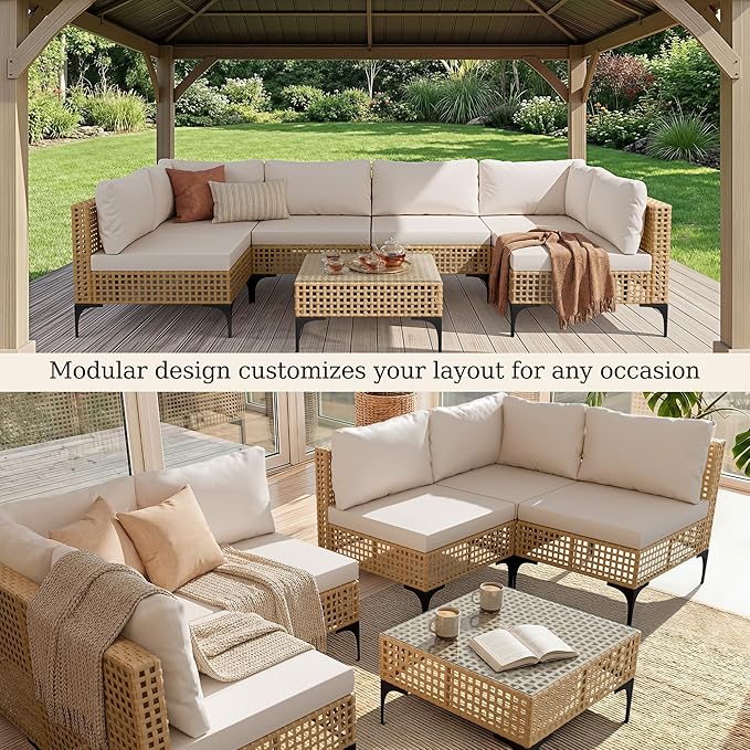 Devoko Patio Furniture Set,7 Pieces Outdoor Wicker Sectional Couch with Thick Cushions &Glass Tabletop, PE Rattan Backyard Conversation Sofa with Coffee Table for Deck, Porch（7pc）