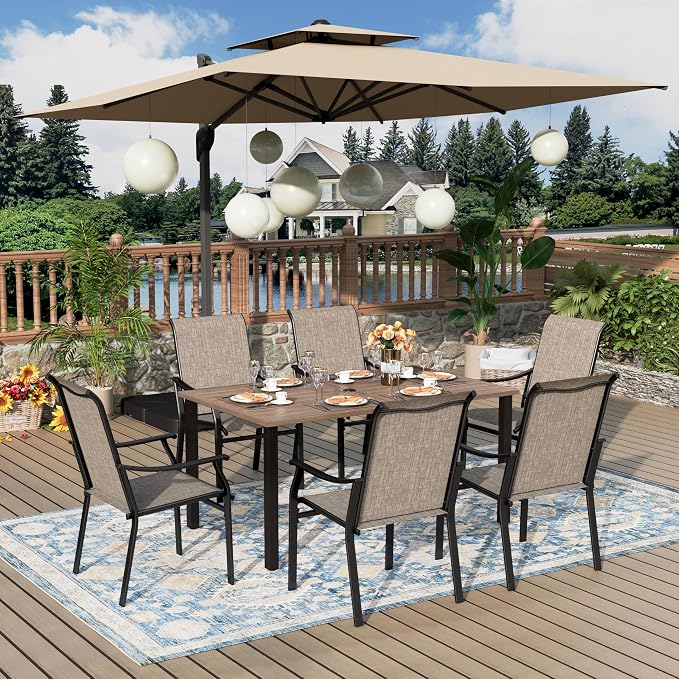 MIXPATIO 7 Pieces Patio Dining Set, 6 Person 60" Teak Table and Textilene Chairs, with 1.57" Umbrella Hole, Outdoor Patio Table and Chairs, for Garden Lawn Porch Backyard Poolside