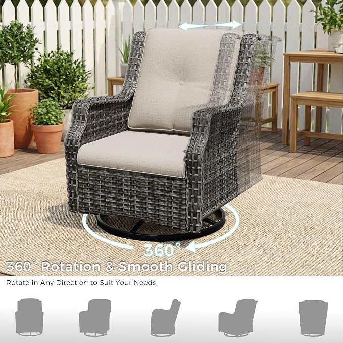 Swivel Patio Chairs Set of 2, Wicker Patio Furniture with Thick Cushions, Curved Armrest, Deep Seating, Rattan Outdoor Chairs for Porch, Deck, Balcony