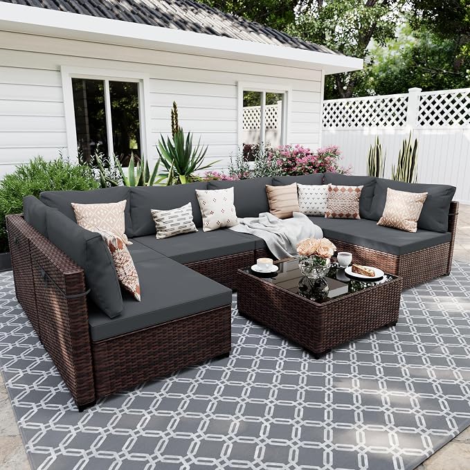 UPHA 7 Pieces Patio Furniture Sets, Wicker Outdoor Sectional Sofa Couch with Coffee Table, Patio Conversation Set for Deck Backyard Garden, Brown Rattan, Dark Gray Cushion