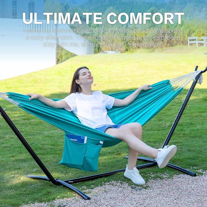 PNAEUT Double Hammocks with Stand for Outside, Portable Space Saving Heavy-Duty Steel Stand for Indoor Outdoor Patio with Carrying Bag, 450 lbs Capacity (Aqua)