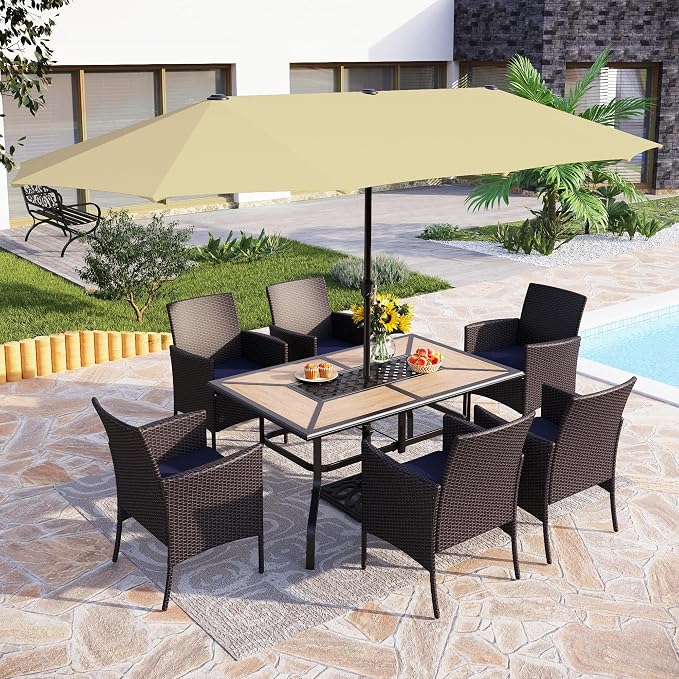 PHI VILLA 7pc Patio Dining Set w/Umbrella, Wood-top Table, Rattan Chairs | Outdoor Dining Set for 6, Metal Table & 6 Cushioned Rattan Chairs with Beige Umbrella for Outdoor, Deck, Yard, Porch