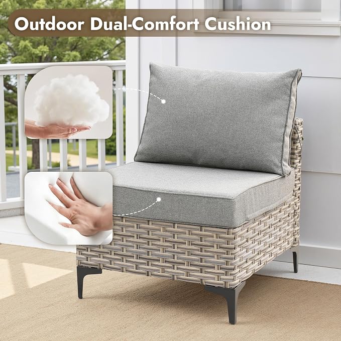 5 Pieces Patio Furniture Set with Solar Light Coffee Table, All-Weather Wicker Outdoor Sectional Conversation Sets L Shaped Sofas for Outside Porch Balcony Backyard Dark Grey