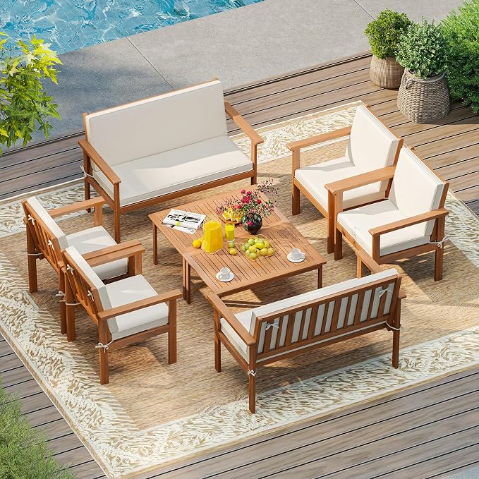 Tangkula 8 Pieces Acacia Wood Patio Conversation Set, Outdoor Wooden Cushioned Chairs & Slatted Coffee Table Set,for Backyard, Porch, Balcony, Poolside and Lawn (Off White,2)