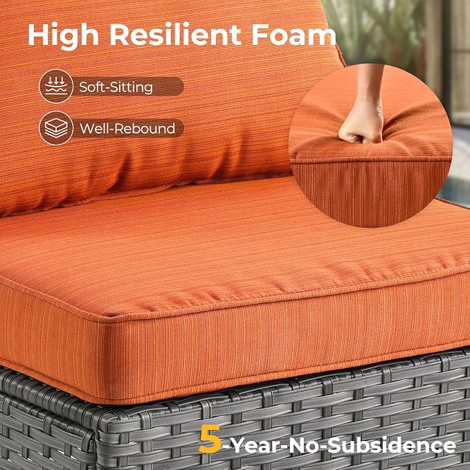 HOOOWOOO Patio Outdoor Sectional Furniture Sofa Set with Swivel Chairs,8 Piece L Shaped Corner Wicker Rattan Couch Set with Glass Table,Modern 6 Persons Summer Patio Conversation Set(Orange Red)