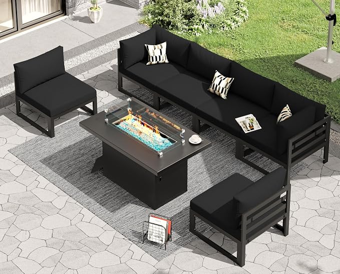 RADIATA 7 Piece Luxury Aluminum Outdoor Sectional Sofa with Fire Pit Table, Oversized L Shaped Patio Furniture Set, 29" Deep Wide Seating, 500 lbs Heavy Duty Conversation Set for Backyard Deck, Black