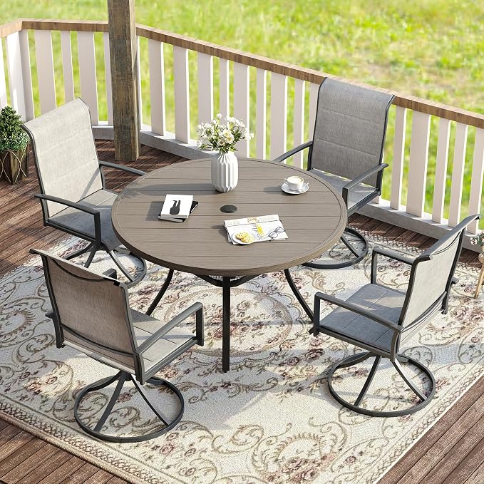 VICLLAX 5 Pieces Patio Dining Set - 41.2" Round Outdoor Table and Swivel Padded Chairs, Grey Wood Grain Tabletop and Grey Fabric