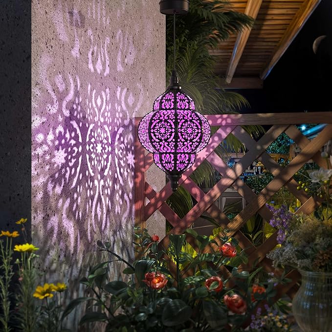 Hapjoy Hanging Solar Lights Outdoor Garden Decor Solar Lantern Waterproof Plastic Moroccan Outdoor Decorations for Patio Pathway Yard Backyard Garden Decorative (2, Purple)