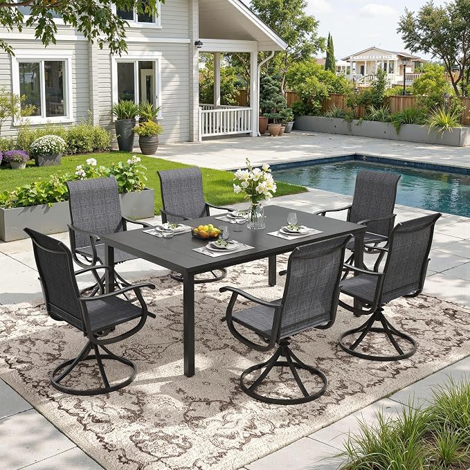 DIFY Outdoor Dining Set for 6, 7 Piece Patio Table and Chairs Set, Swivel Patio Chairs with Dark Grey Textilene & 63" Black Rectangle Metal Dining Table with Umbrella Hole, for Garden Backyard Deck