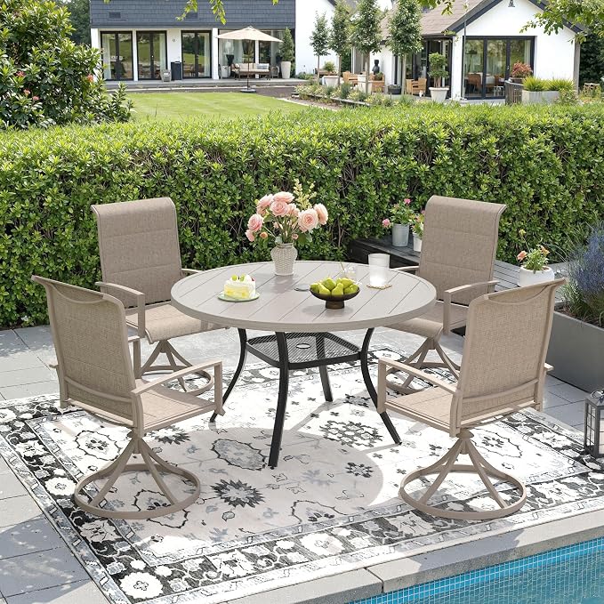 DIFY 5 Piece Outdoor Patio Dining Set for 4, 40.6" Grey Wood-Like Round Metal Dining Table & Swivel Patio Chairs with Sandshell Padded Textilene, All-Weather Outdoor Furniture Set for Garden Backyard