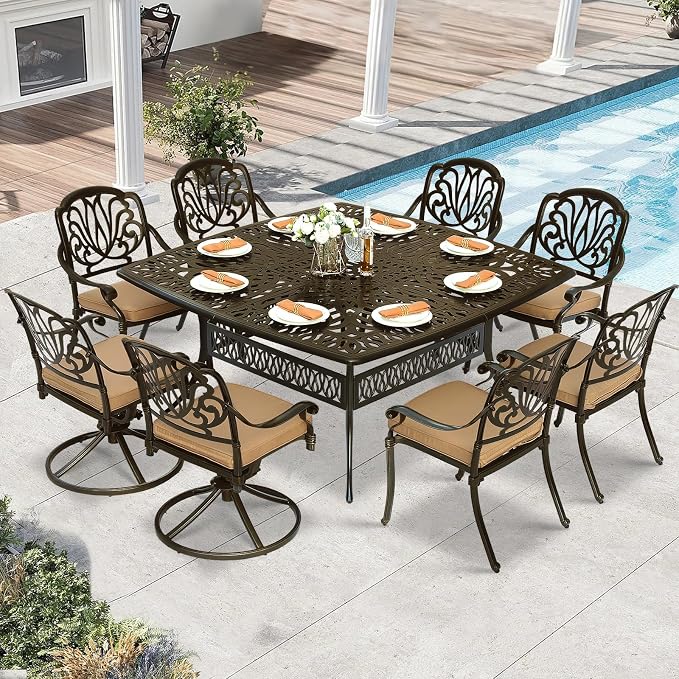 9 Piece Outdoor Patio Dining Set for 8, Cast Aluminium Large Square Dining Table & 2 Swivel Rocker Chairs, 6 Stationary, 8 Cushions, Umbrella Hole, Patio Furniture Set for Garden, Khaki