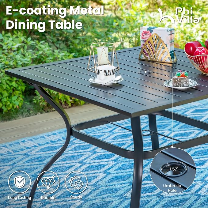 PHI VILLA 5 PCS Patio Dining Set, 4 Outdoor Aluminum Stackable Sling Chairs with Armrest & 1 Square Metal Dining Table (1.57" Umbrella Hole), Patio Table Chair Furniture Set for Deck Lawn Garden