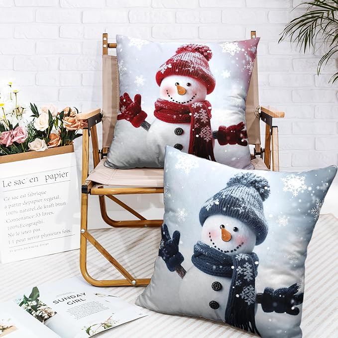 Red and Blue Snowman Pillow Covers Set of 2 Winter Holiday Throw Pillow Covers 20x20 for Christmas Decorations Living Room Sofa Cotton Linen Pillow Case