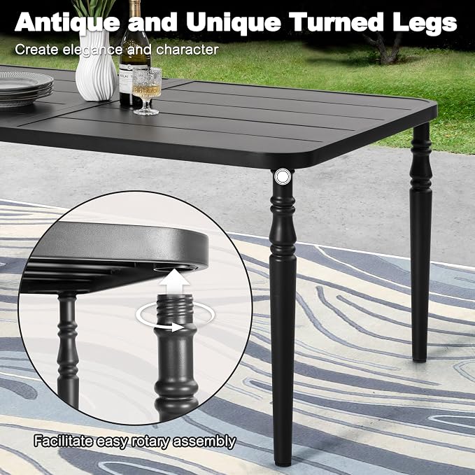 NUU GARDEN 7-Piece Outdoor Metal Furniture Set, Outdoor Dining Set of 6, Patio Dining Table with Umbrella Hole and Powder Coating, 6 Stackable Chairs for Backyard, Deck, Garden and Yard, Black