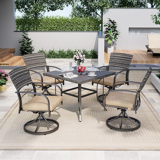 Pamapic 5-Piece Outdoor Dining Set with Swivel Chairs, Rattan Patio Furniture for Backyard, Deck, Garden, Weather-Resistant Iron Slats Table & 4 Chairs with Removable Cushions (Beige)