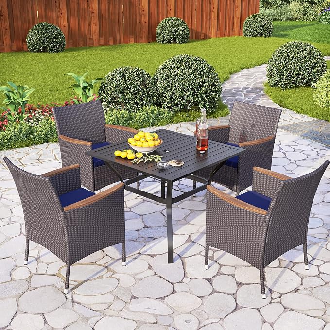 PHI VILLA High Back Wicker Patio Dining Chairs Set of 2, Wood Armrest | 2 Rattan dining chairs with thick removable seat cushions. Sturdy steel frame, easy assembly.