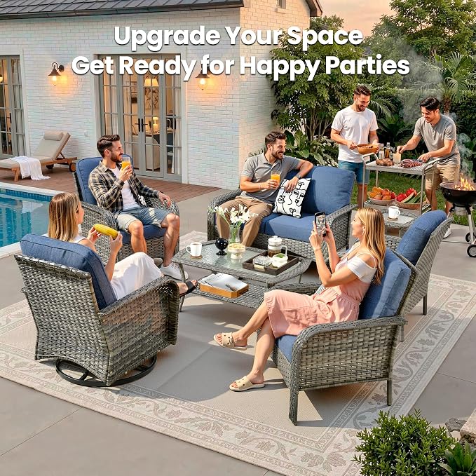 Weaxty Wicker Patio Furniture Set with Swivel Rocker Chairs Outdoor Loveseat Sofa and Rattan Coffee Table, 5 Pieces Outdoor Conversation Sets for Patio Porch Deck Backyard Poolside,Beige
