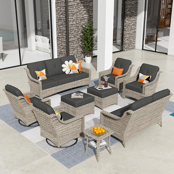 HOOOWOOO 9 Piece Patio Furniture Conversation Sets with Swivel Rocking Chairs,Outdoor Wicker Furniture with Ottoman,All Weather Resistant High Back Rattan Conversational Set(Black)