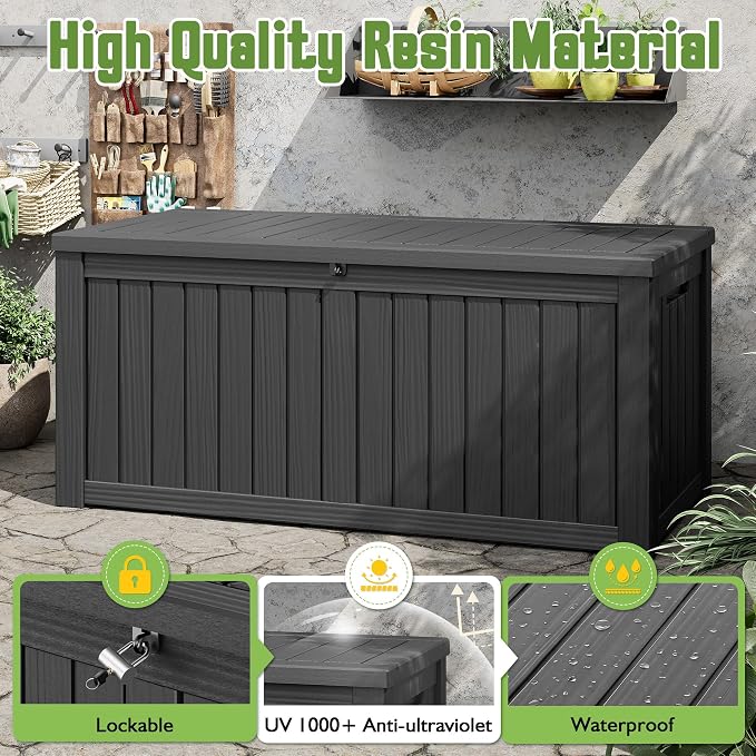 KAMABOKO Outdoor Storage Box, 150 Gallon Large Outdoor Resin Deck Box, Storage Waterproof Boxes Lockable Lid for Garden Tools, Pool Supplies, Patio Furniture and Cushions, Black