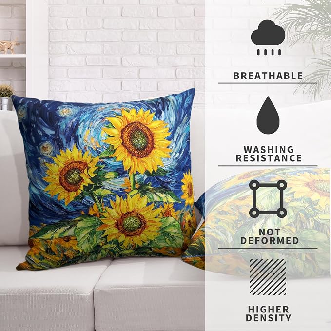 Sunflower Pillow Covers 22x22 Set of 2 Van Gogh Starry Night Throw Pillow Covers Oil Painting Sunflowers Pillow Case Spring Summer Cotton Linen Cushion Case for Sofa Garden Patio