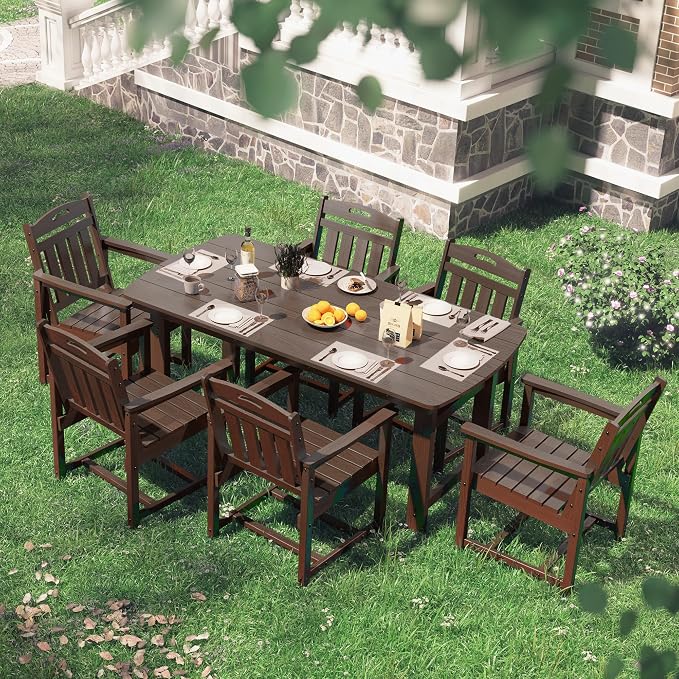 Outdoor Rectangle Dining Table, Heavy-Duty HDPE Table for 6, Weatherproof Patio Table with Umbrella Hole, Rounded Corners for Safety, Brown