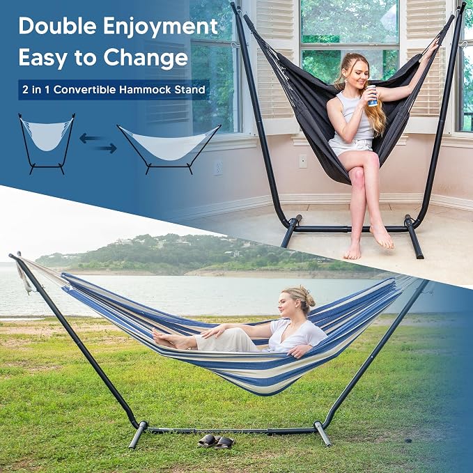 SUNCREAT 2-in-1 Convertible Free Standing Hammock with Stand Included, Camping Backyard Hammock with Stand, Patented, Blue & White Stripe