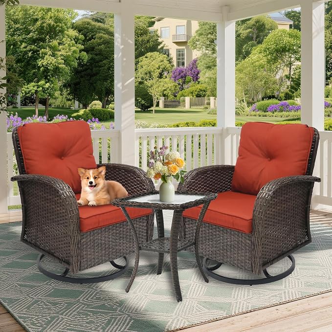 JJMGJOY Outdoor Swivel Rocker Patio Chairs 3 Pieces，Swivel Patio Chairs with Cushions，Outdoor Swivel Rocking Chairs Set of 2 with Rattan Side Table，Patio Furniture Set for Outside Porch Deck