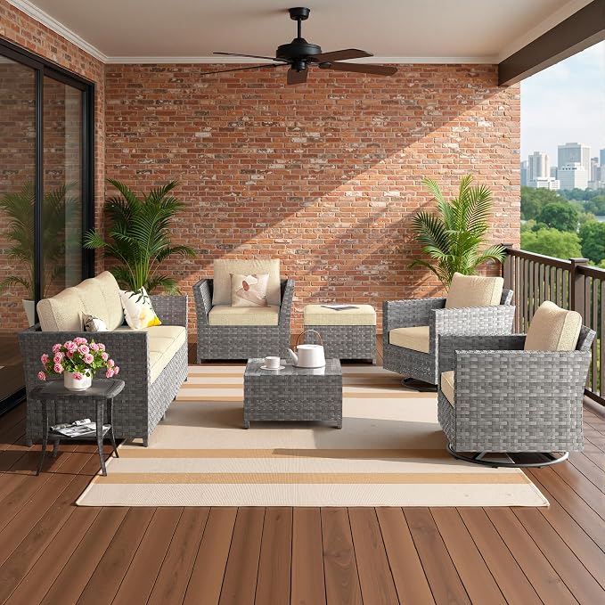 CAODOC Fully Assembled & Spacious 9-Pc Outdoor Sofa Set, Patio Rattan Conversation Group with Rocking Chair and Tea Table