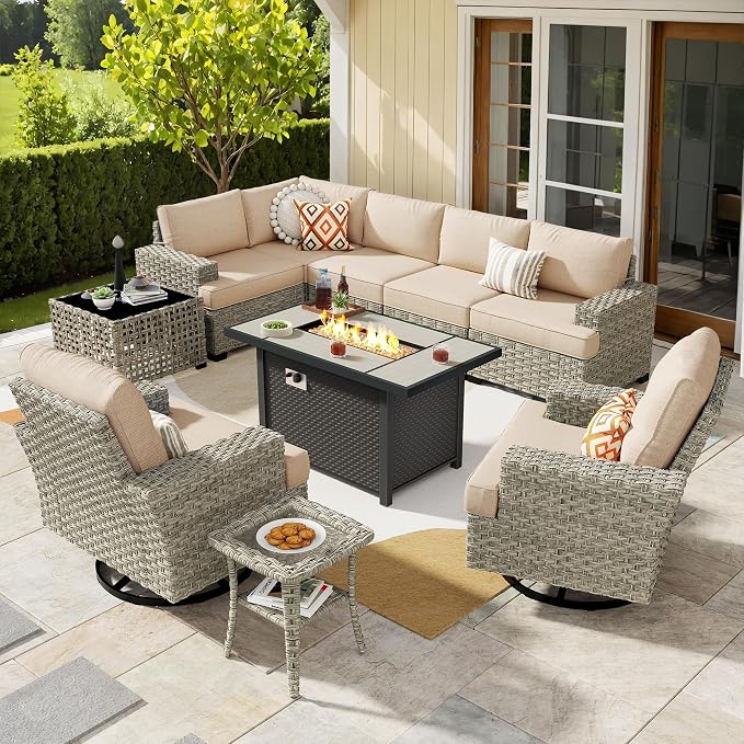 Weaxty 10 Pieces Outdoor Patio Furniture Set with Swivel Rocking Chair, Outdoor Sectional Sofa Couch Wicker Modular Patio Conversation Set w/42 Fire Pit and Coffee Side Table,Beige