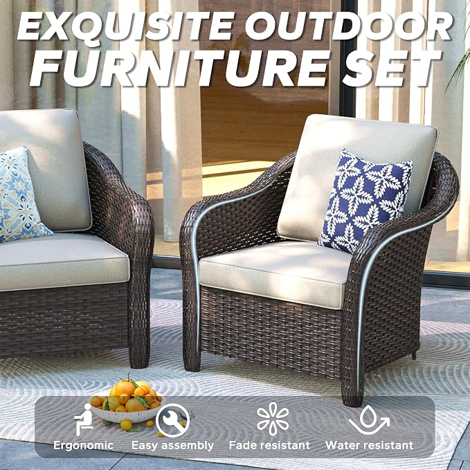 5 Pieces Outdoor Patio Conversation Furniture Set with Removable Covers, All-Weather PE Rattan, 4 Steel Frame Wicker Chairs with Cushions, 47" Metal Coffee Table for Yard (Beige)