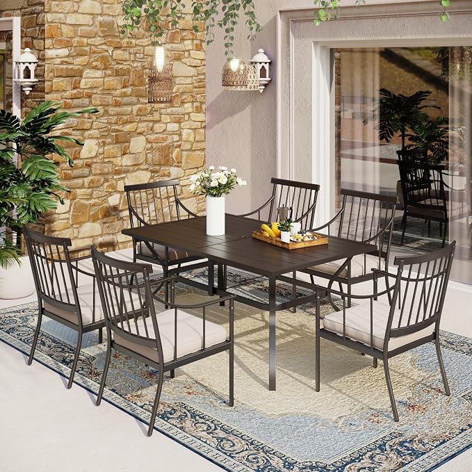 MFSTUDIO 7 PCS, Patio Dining Set, 60"x38", 2" Umbrella Hole | Steel, Metal, E-coated frame, Seats 6