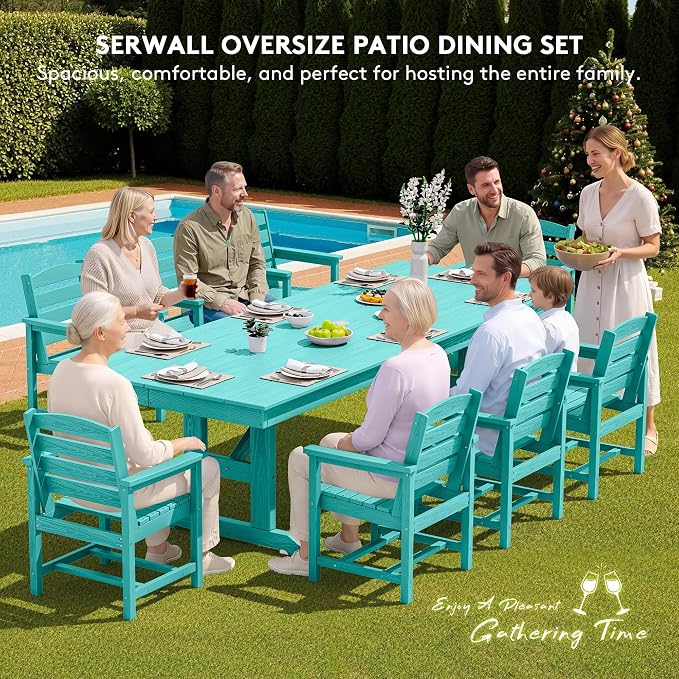SERWALL 9 Piece 84" HDPE Outdoor Dining Set for 8 with Armchairs, Aruba | All Weather HDPE Material and Pre-drilled Umbrella Hole
